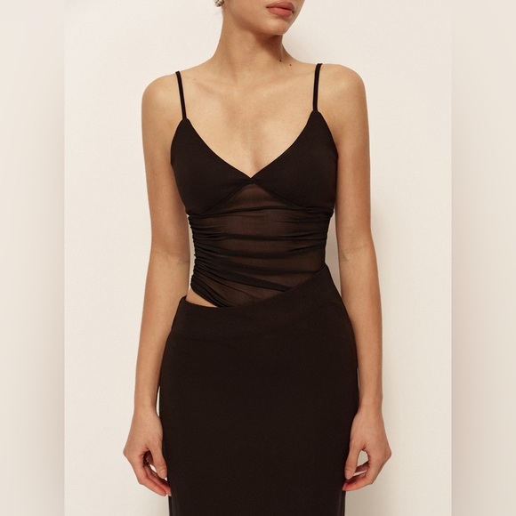 Commense Semi-Sheer Low V-Neck Asymmetrical Ruched Dress - Picture 7 of 7